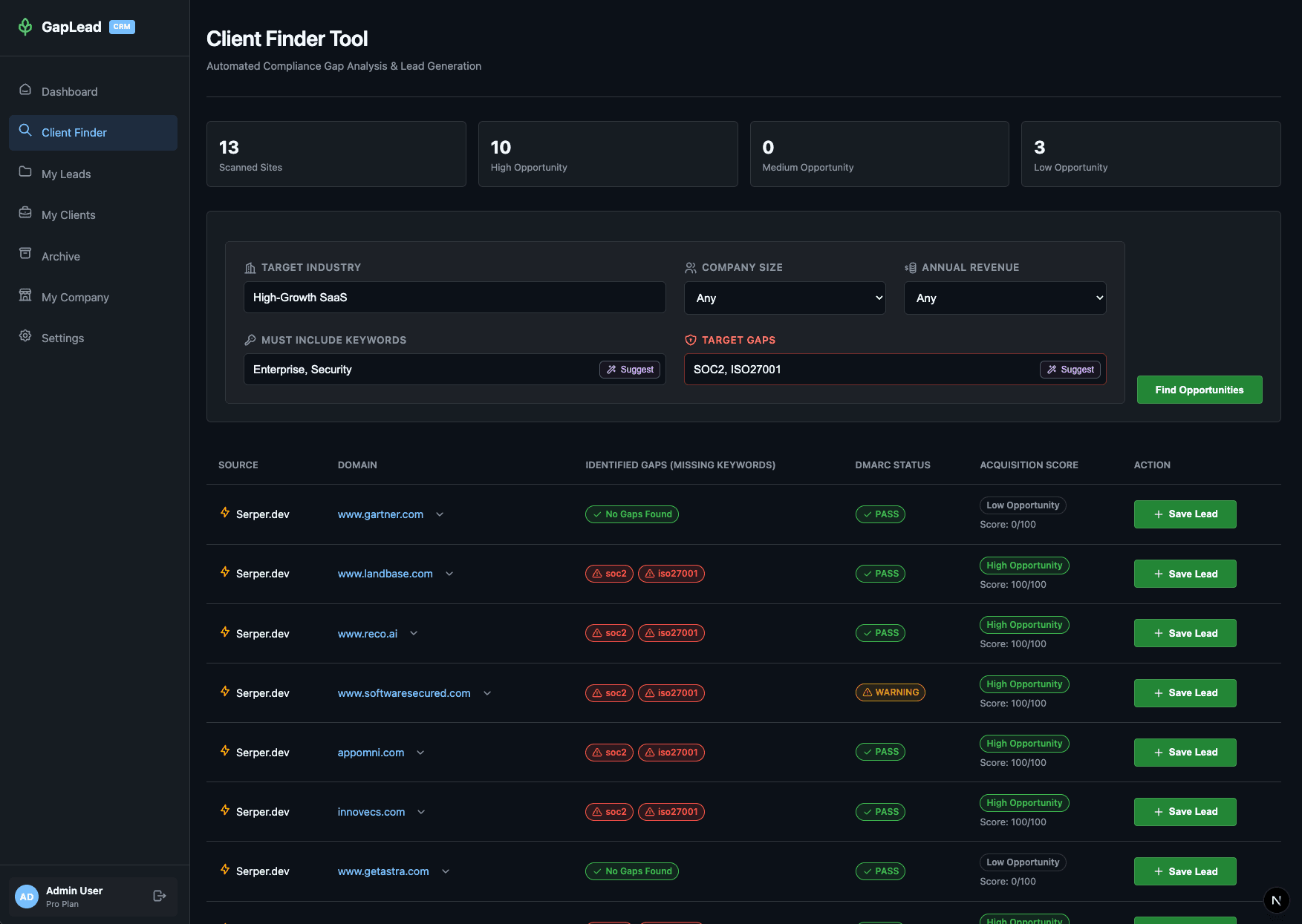 GapLead Search Interface - Find Clients